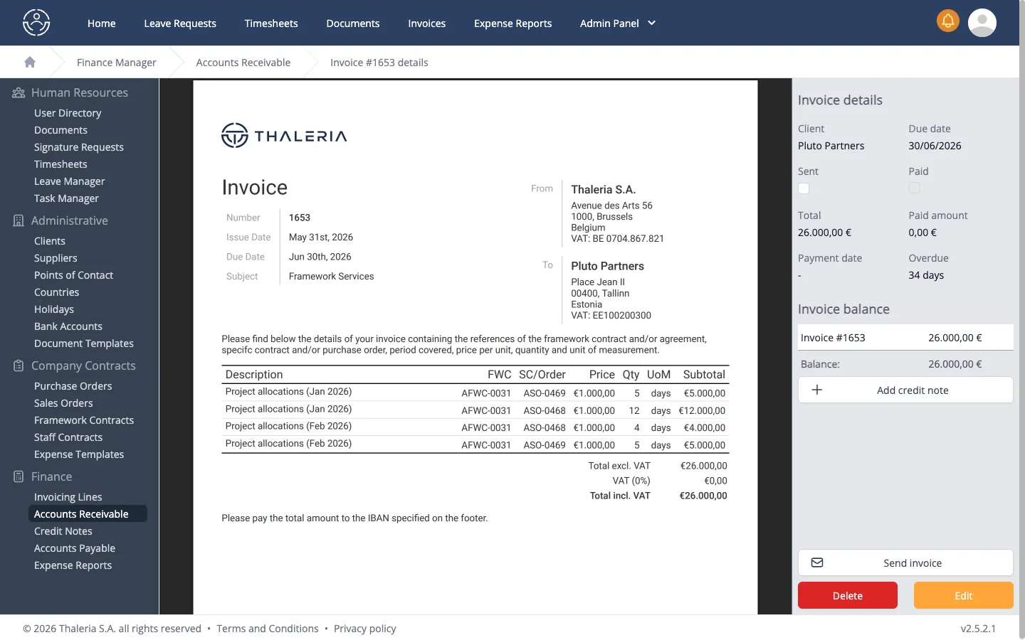 Generated client invoice with each line tracing to its contract, order and period