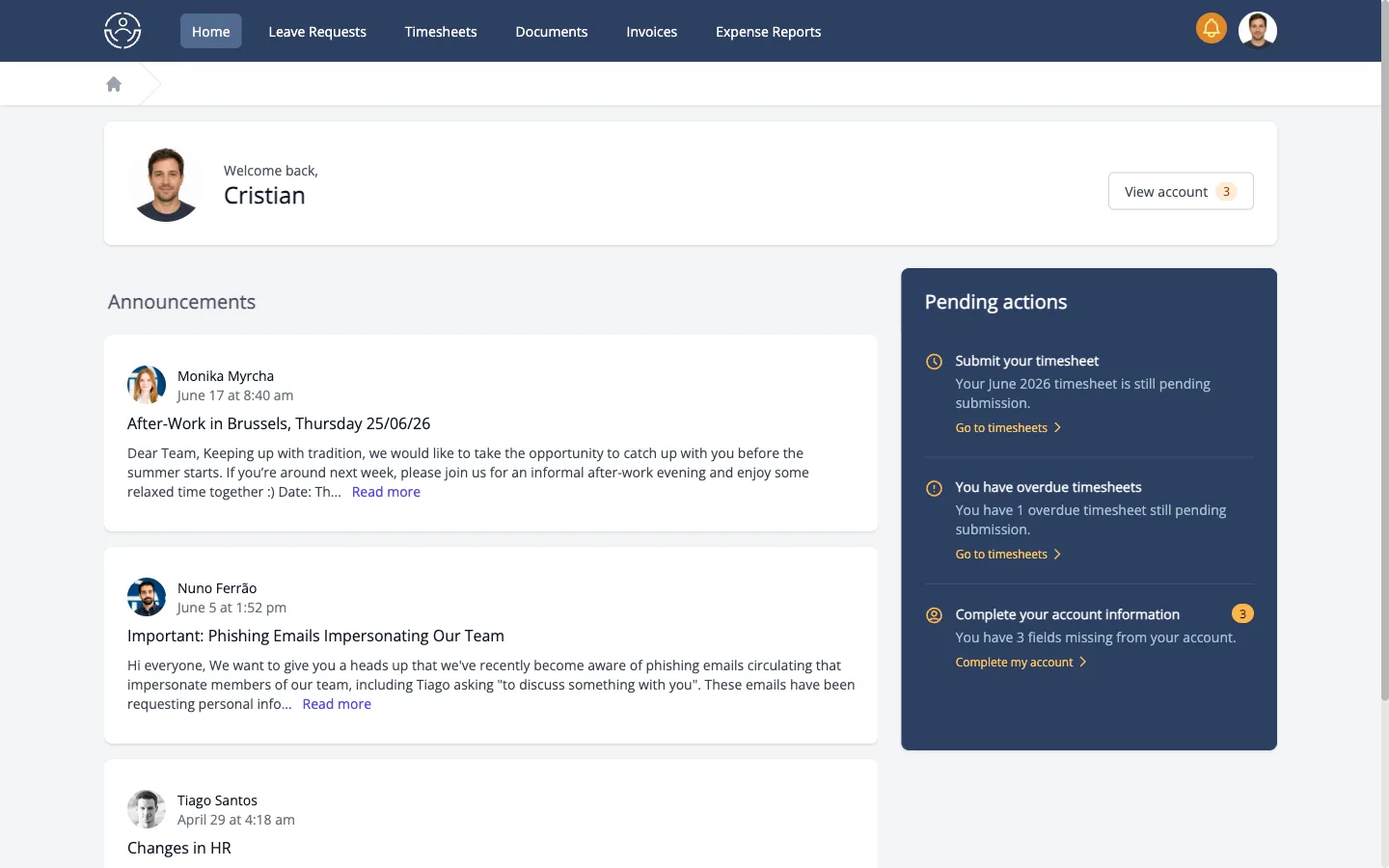 MyThaleria home dashboard with announcements and pending actions