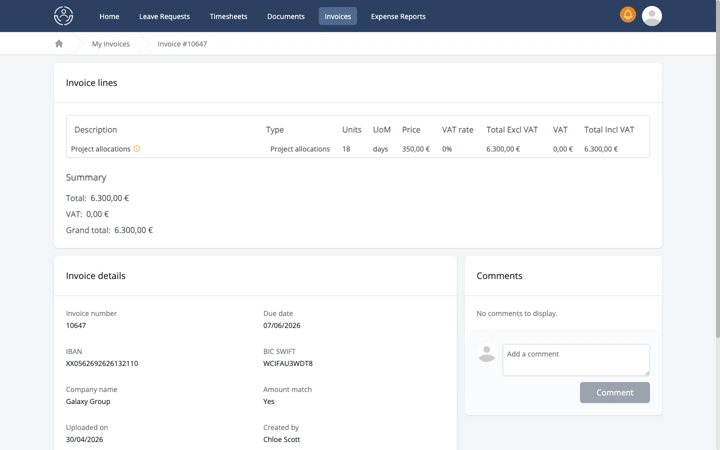 Invoice detail with line items and VAT breakdown