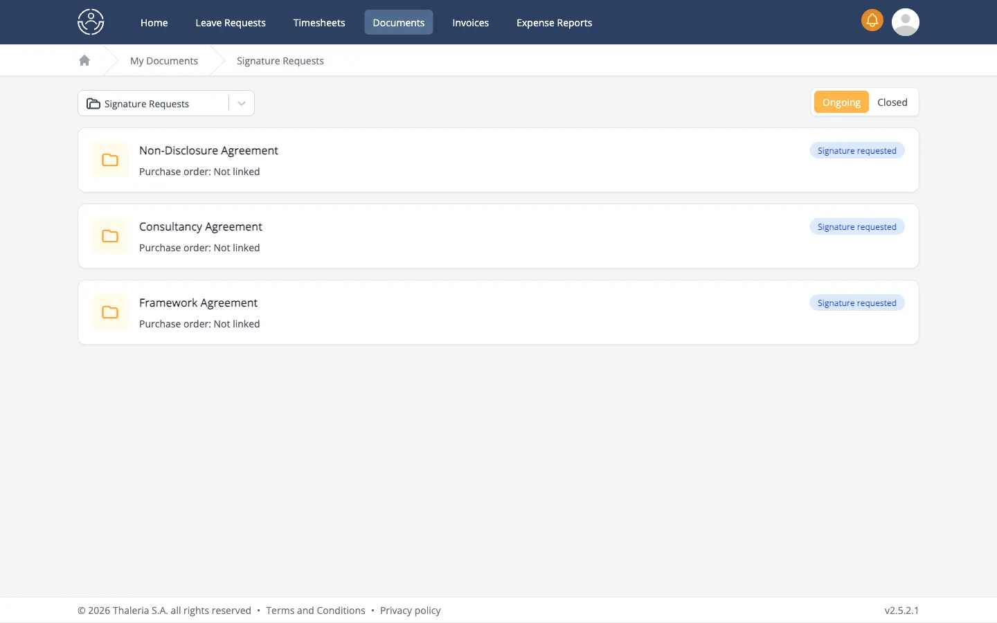 List of open signature requests