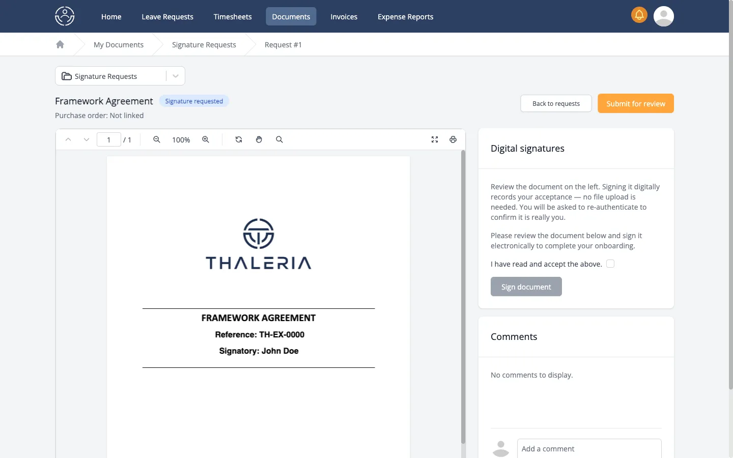 Signature request with inline document preview and signing panel