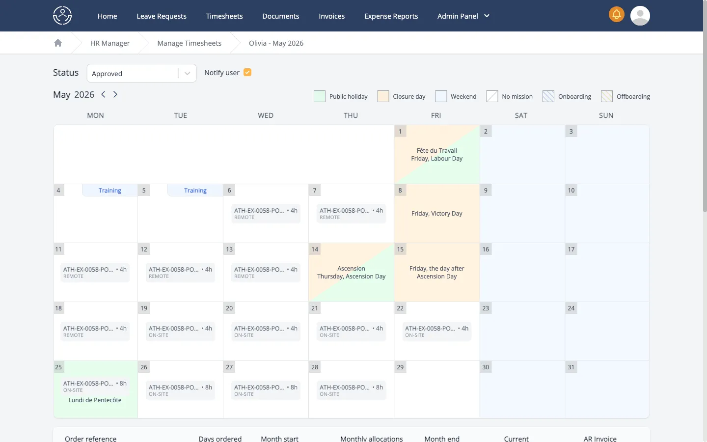 Monthly timesheet calendar with per-day entries and legend
